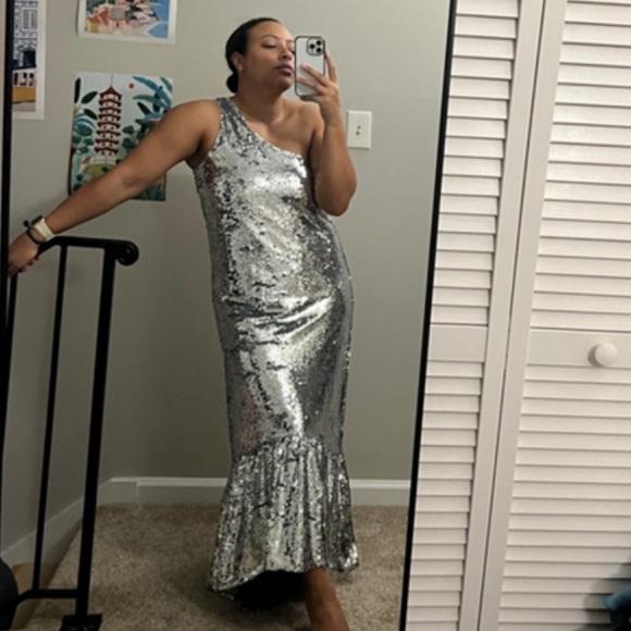 Anthropologie XL Maeve One Shoulder Silver Sequined Midi Dress NWT - Picture 4 of 9